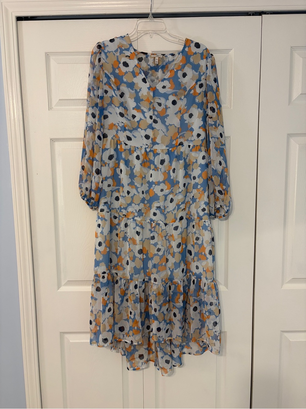 Joie Blue Floral Tiered Midi Dress with Mustard Accents